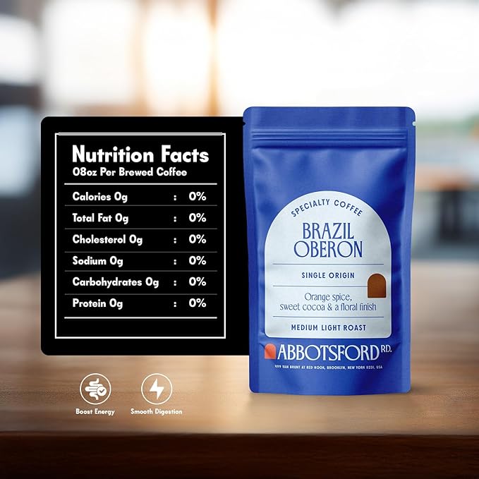 Brazil Oberon Ground Coffee, Medium Light Roast Ground Coffee with Orange Spice & Cocoa, 12 oz Brazilian Coffee Bag, Single Origin from Cerrado, Specialty Coffee for a Bright, Flavorful Brew