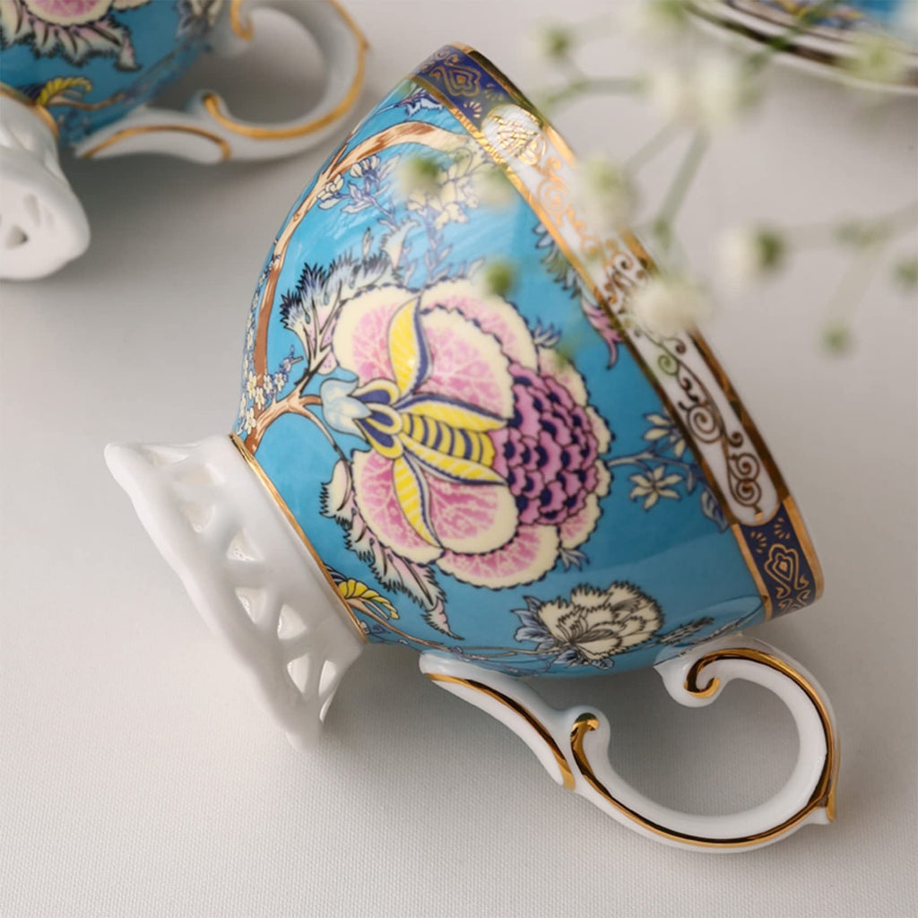 ACMLIFE Bone China Tea Cups, Tea Cup and Saucer Set for 1 Blue and White China Tea Cup 6.7oz Floral Vintage China Coffee Set for Women Party Gift Giving with Gold Trim and Gift Box