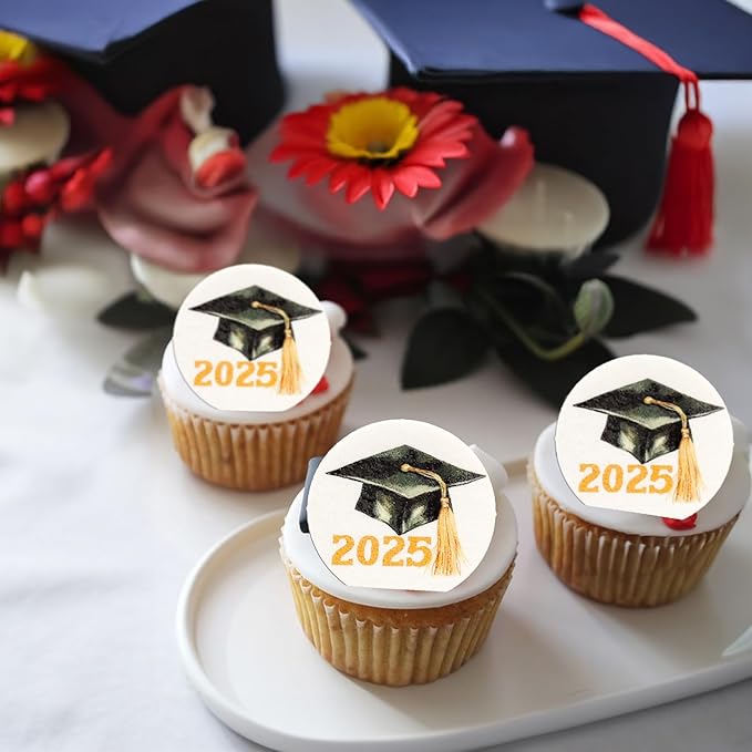 Gyufise 48Pcs Edible 2025 Graduation Cap Cupcake Toppers Wafer Paper Class of 2025 Grad Cap Cupcake Picks for 2025 Graduation Theme Party Cake Decorations Supplies Gold