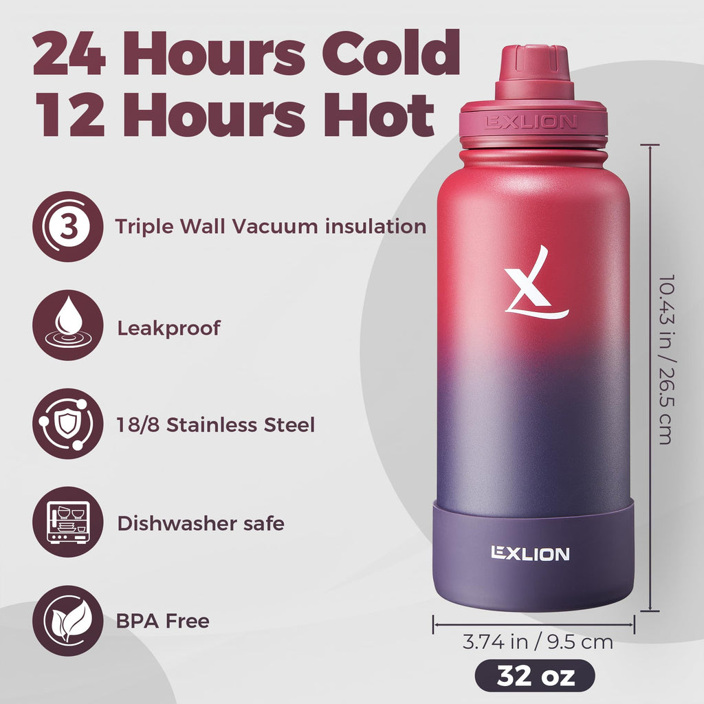Lexlion Tea Infuser Water Bottle 32 Oz – Triple Wall Insulated Stainless Steel, Loose Leaf & Fruit Strainer, 3 Leakproof Lids, BPA-Free Silicone Sleeve, Reusable Thermal Mug