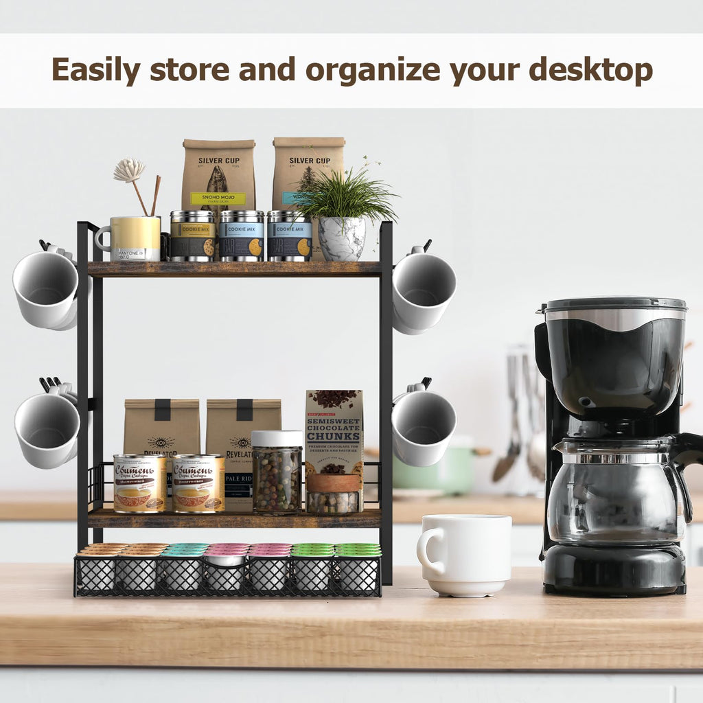 OGEMXU Coffee Station Organizer, 3 Tier Bar Organizer for Countertop, Mug Cup Holder Stand With 12 Hooks and 28 K Cup Storage for Kitchen, Home & Office, Rustic Brown