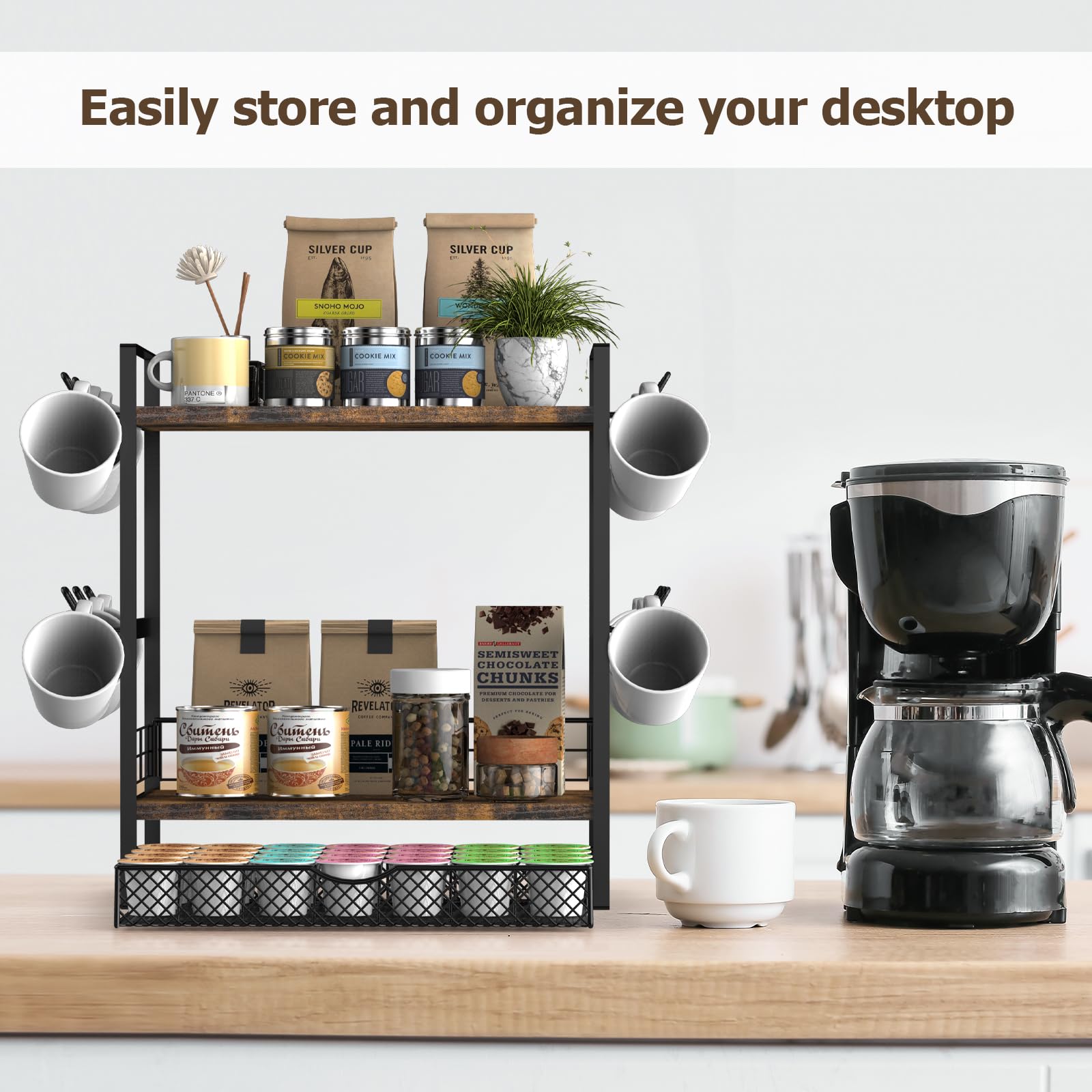 OGEMXU Coffee Station Organizer, 3 Tier Bar Organizer for Countertop, Mug Cup Holder Stand With 12 Hooks and 28 K Cup Storage for Kitchen, Home & Office, Rustic Brown