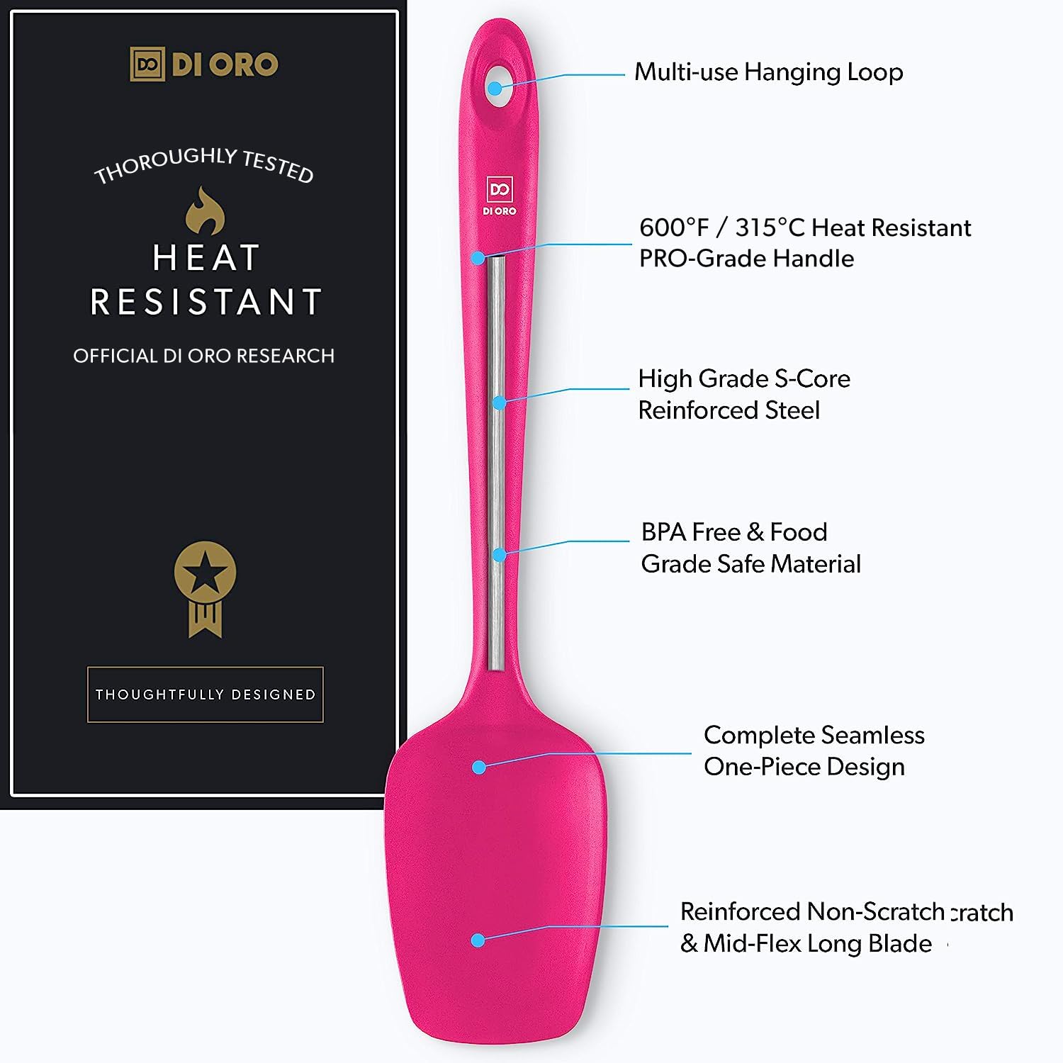 DI ORO Silicone Spoon Spatula - 600°F Heat-Resistant Large Silicone Spoonula Scraper - BPA Free Nonstick Cookware Safe Rubber Kitchen Utensil for Baking, Cooking, & Mixing - Dishwasher Safe (Magenta)