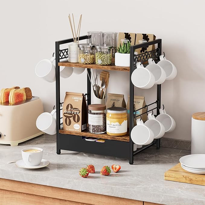 Coffee Bar Organizer Countertop, 2 Tier Mug Cup Holder Stand with 12 Hooks, 30 K Cup Coffee Pod Drawer with Mug Rack, Multifunctional Shelf Organizer for Accessories Station Kitchen (Brown)