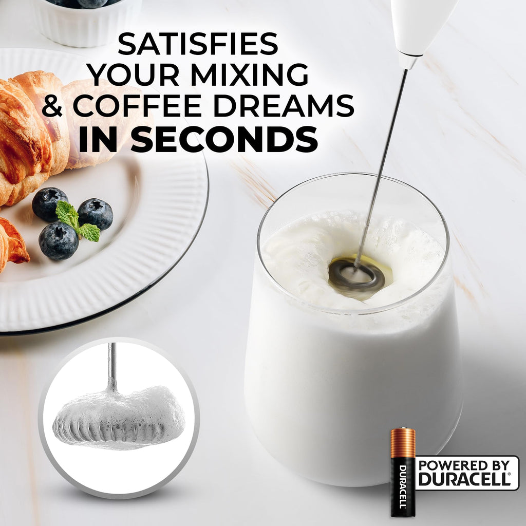 Zulay Milk Frother Wand – Handheld Electric Coffee Frother, Battery Operated Drink Mixer – 13,000 RPM Titanium Motor, Detachable Whisk, Easy Clean Foam Maker for Latte & Matcha – Executive White