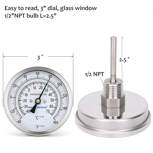 MEASUREMAN Fully Stainless Steel Pot, Kettle, Brewing Bimetal Dial Thermometer, 3" Dial, 2-1/2" Stem, -40-160 deg F/-40-70 deg C, -1% Accuracy, Adjustable, 1/2" NPT Back Mount