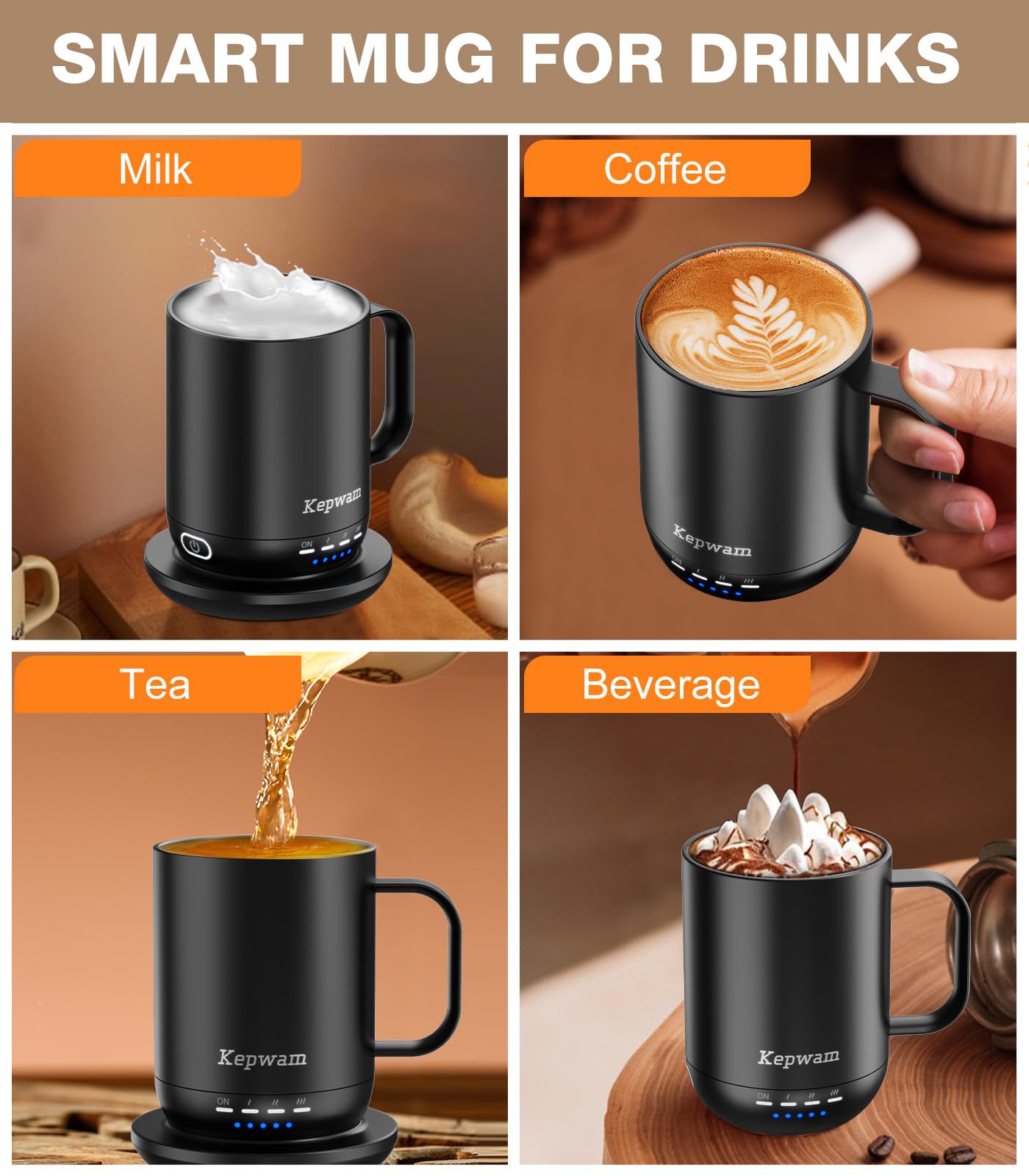 Kepwam Self Heating Coffee Mug T1-16oz Fast Heating & Ultra Long-Lasting Battery Life, Heated Coffee Mug Up to 149℉ - Touch & App Controlled Coffee Mug, Birthday Gifts for Women and Men