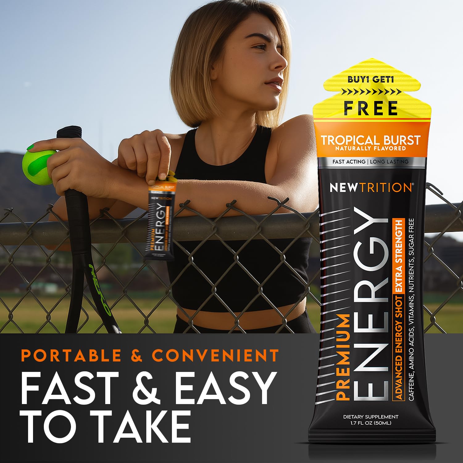 NewTrition® Extra Strength Energy Shots, 1.7 fl oz - 250mg Caffeine with Vitamin B & Amino Acids, Sugar-Free, Zero Calorie Vitamin Energy Drink for Focus & Endurance (Pack of 6, Tropical Burst)