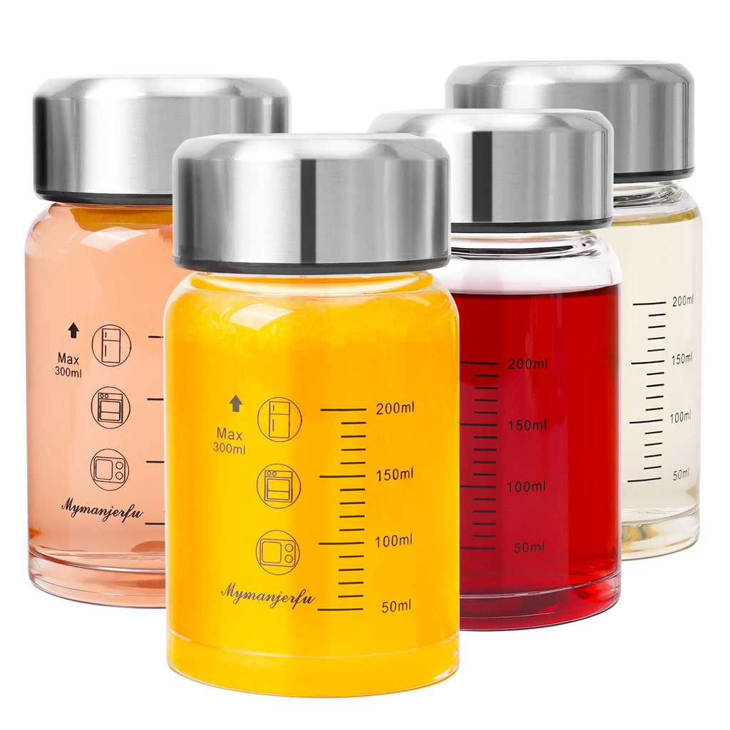 Glass Juice Bottles 4 Pack 10 oz - Wide Mouth Glass Water Bottles with Lids - for Juicing, Smoothies, Milk, Protein, BPA Free, Reusable, Stainless Steel Lids, Leak Proof, Shaker bottle (300 ml)