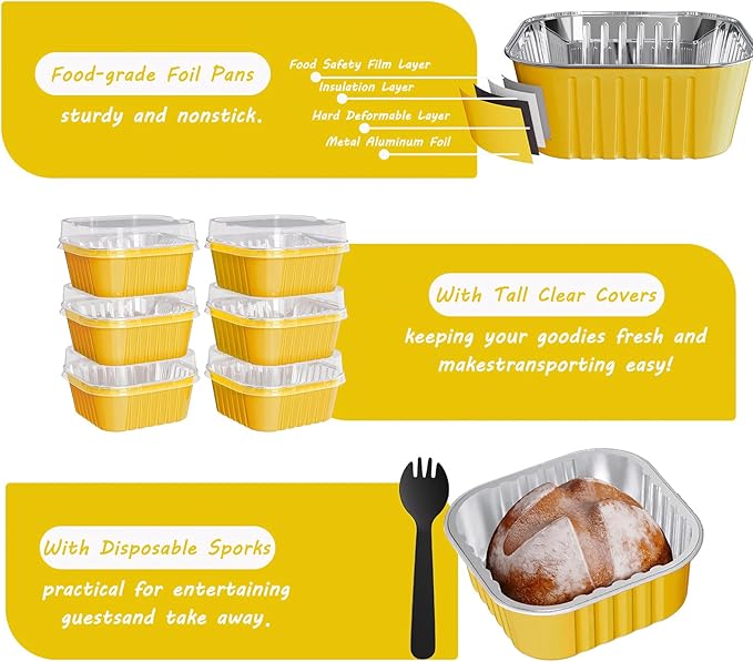 25 Pack Square Mini Cake Pans with Lids,Mini Loaf Pans with Lids,Aluminum Foil Baking Cups,Disposable Ramekins Cupcake Cups,Dessert Cups for Wedding Birthday Party Picnics,5oz (Gold)