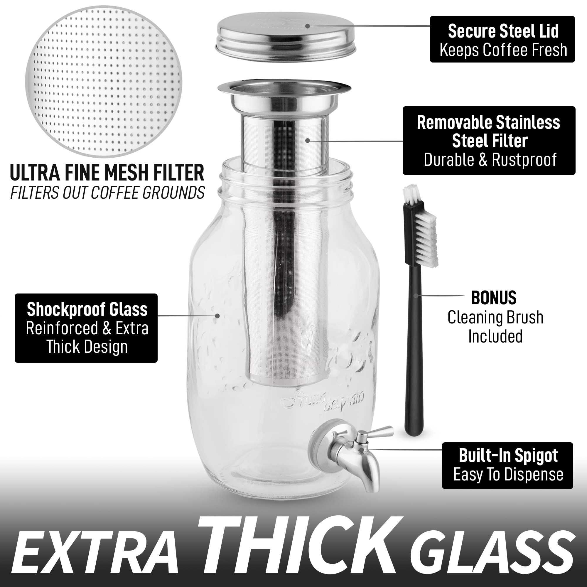 Zulay Kitchen 1.5 Liter Cold Brew Coffee Maker with EXTRA-THICK Glass Carafe & Stainless Steel Mesh Filter - Premium Iced Coffee Maker, Cold Brew Pitcher & Tea Infuser