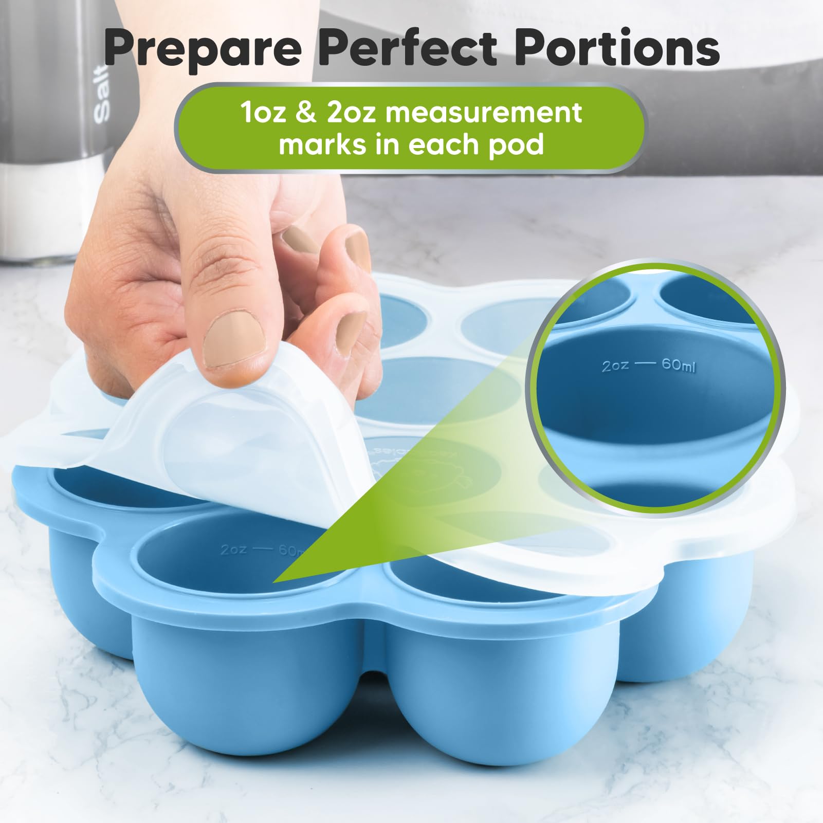 KeaBabies Silicone Food Freezer Trays with Lid, 2oz x 10 Pods (Misty Blue)