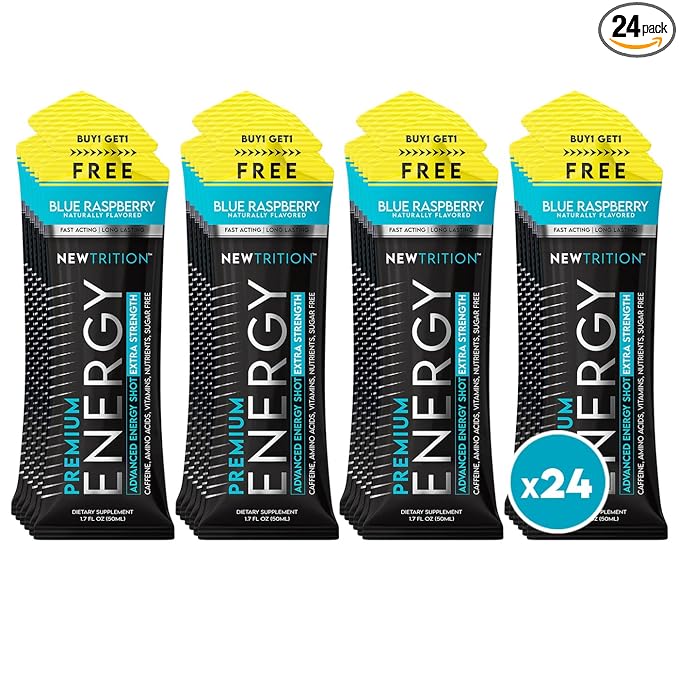 NewTrition® Extra Strength Energy Shots, 250mg Caffeine Energy Shots with Vitamin B & Amino Acids, Sugar-Free Vitamin Energy Shot, 1.7 fl oz (Pack of 24, Blue Raspberry)