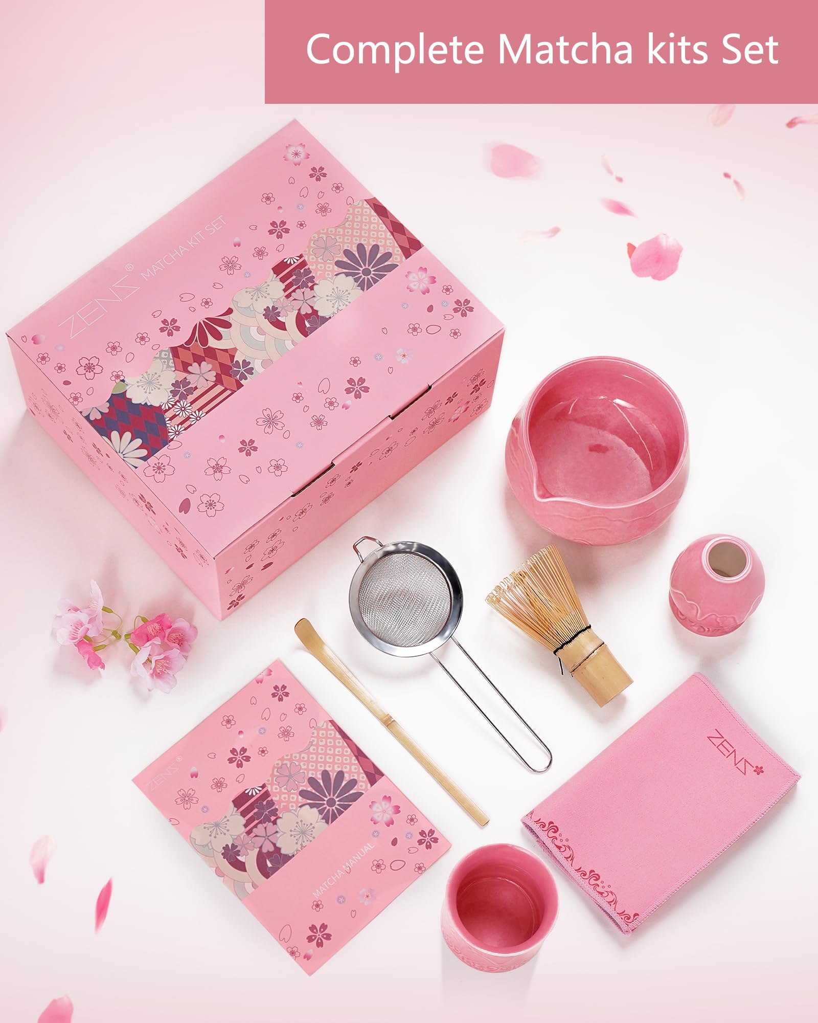 ZENS Premium Matcha Whisk Set with Blooming Cup, 7pcs Matcha Set, Pink