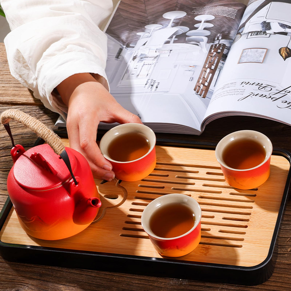 LURRIER Gongfu tea sets, Portable Ceramic TeaSet, Asian Tea sets for adult, Tea Gift sets, Grey leather case, Portable Travel Bag,Home,Gifting,Outdoor and Office(XBlack and Blue)