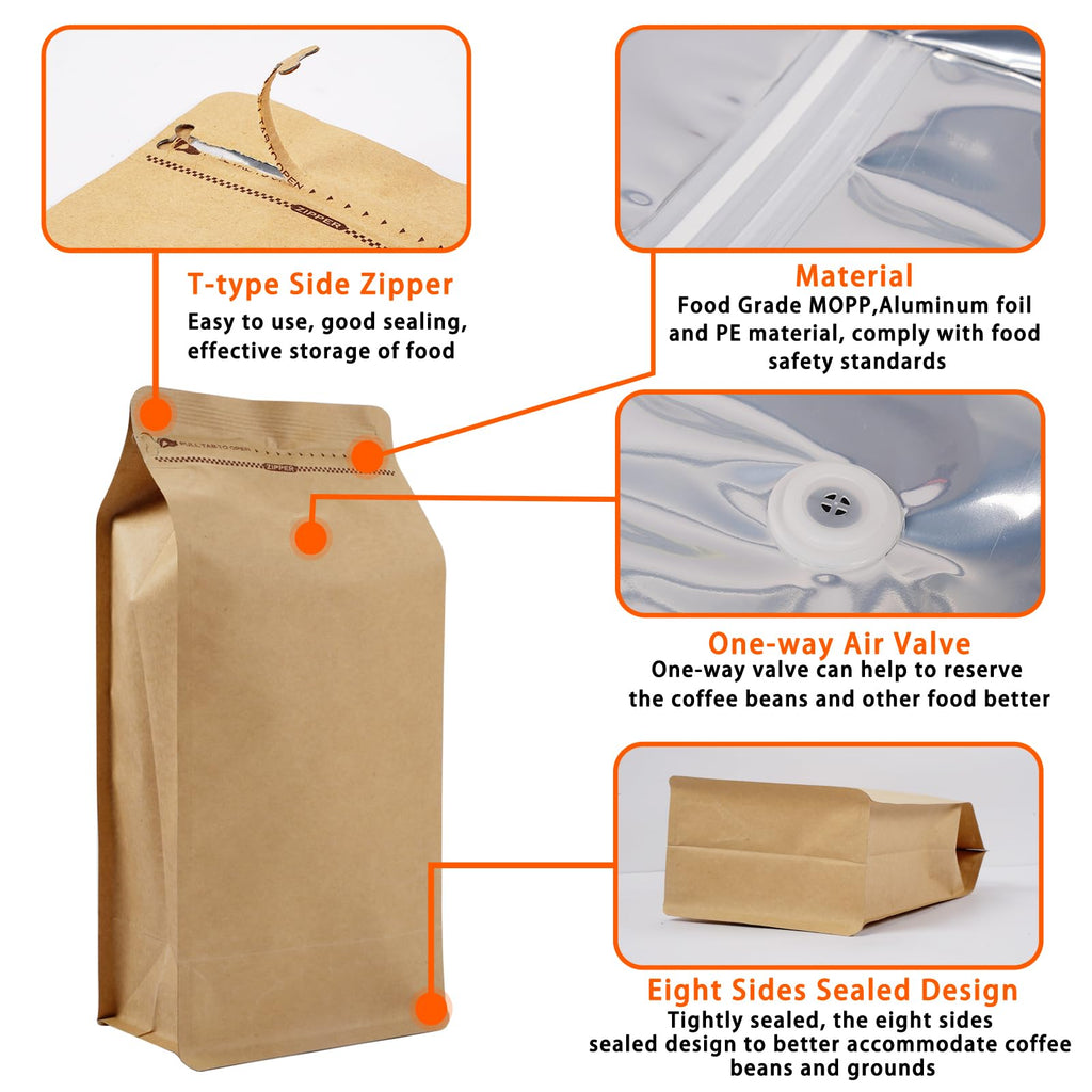 Coffee Bags with Valve (50 PCS,32oz/2lb) Kraft Paper High Barrier Aluminum Foil Flat Bottom Standing Coffee Beans Storage Packaging Bags,Reusable Heat Seal Side Zipper Pouches for Small Business&Home