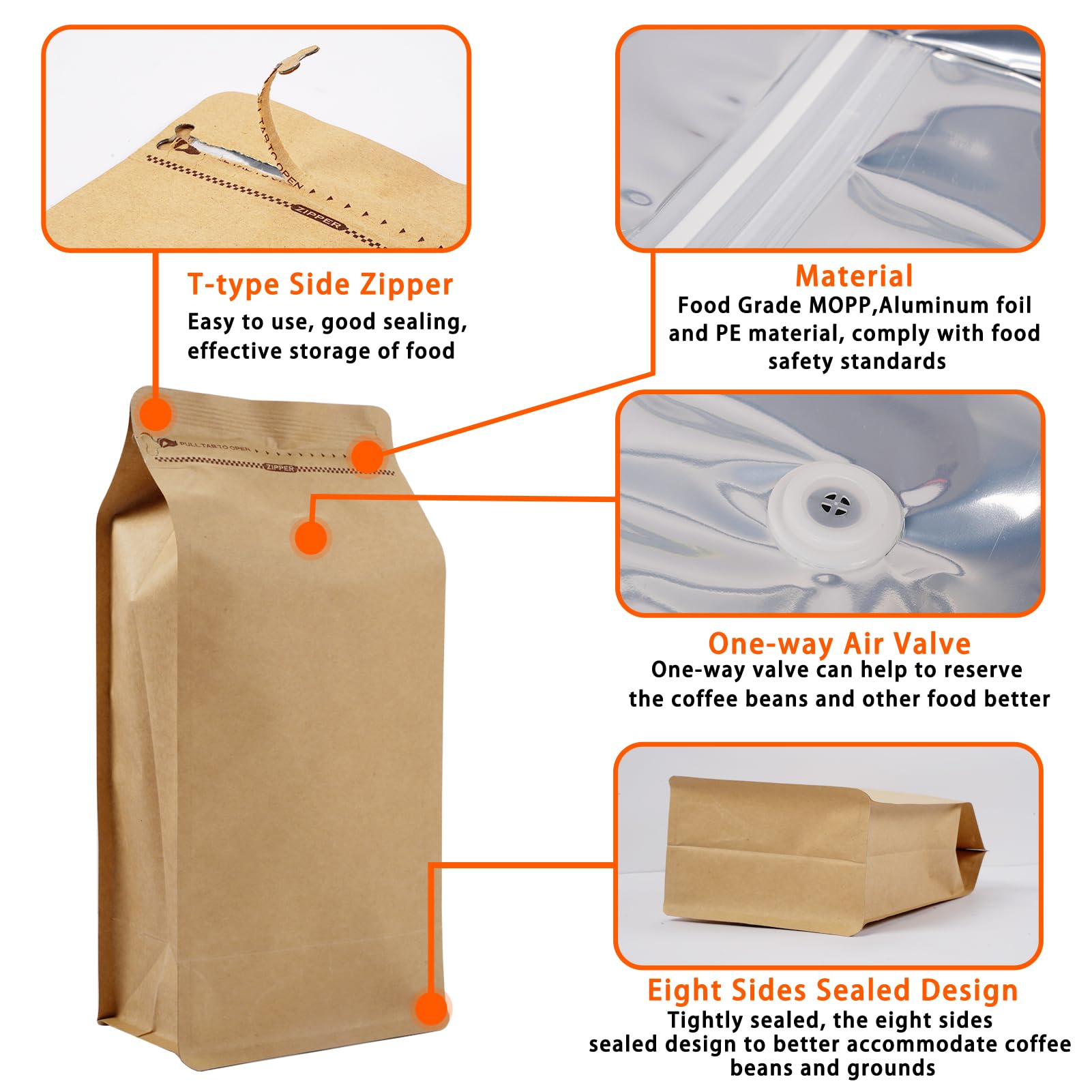 Coffee Bags with Valve (50 PCS,32oz/2lb) Kraft Paper High Barrier Aluminum Foil Flat Bottom Standing Coffee Beans Storage Packaging Bags,Reusable Heat Seal Side Zipper Pouches for Small Business&Home