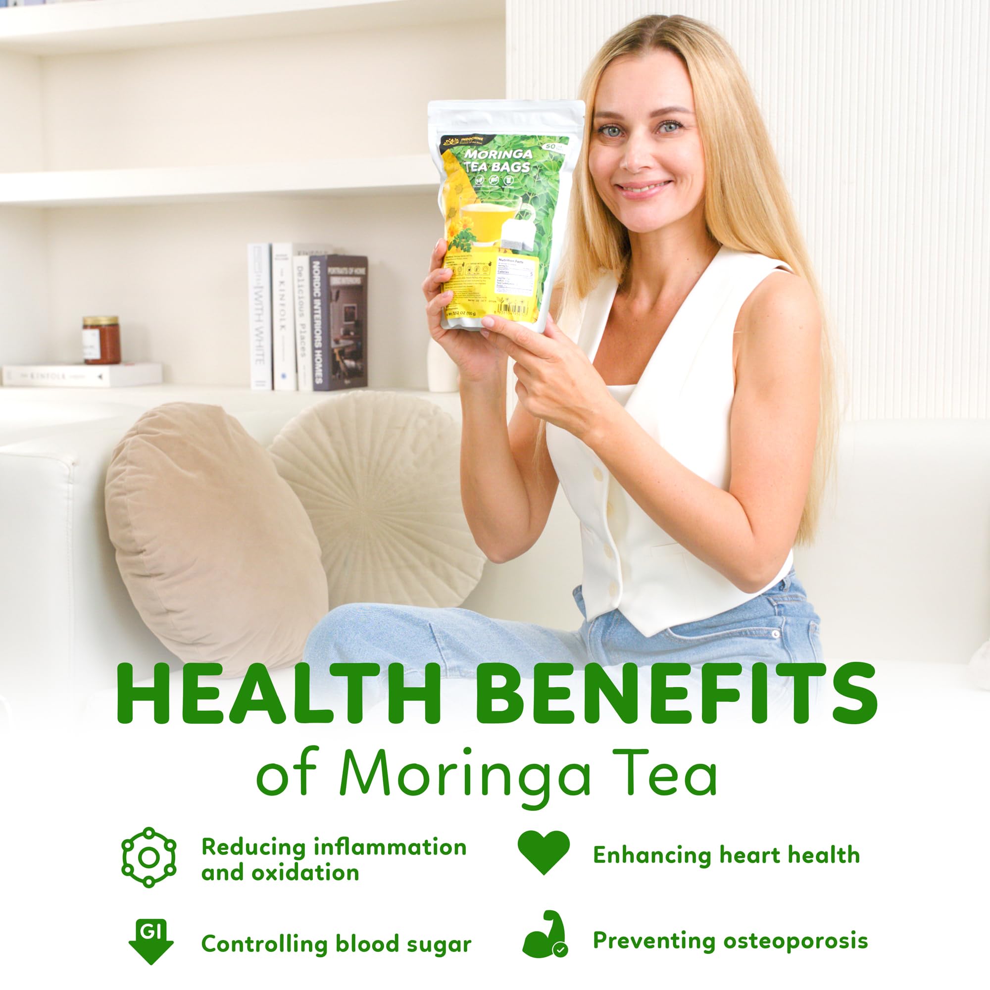 Indochine Blends Tea Bags | Sugar-Free, Caffeine-Free Herbal Tea | Double Chamber, Individually Wrapped Bags | Rich in Natural Goodness and Flavor (50 Tea Bags (Pack of 1), Moringa Tea)