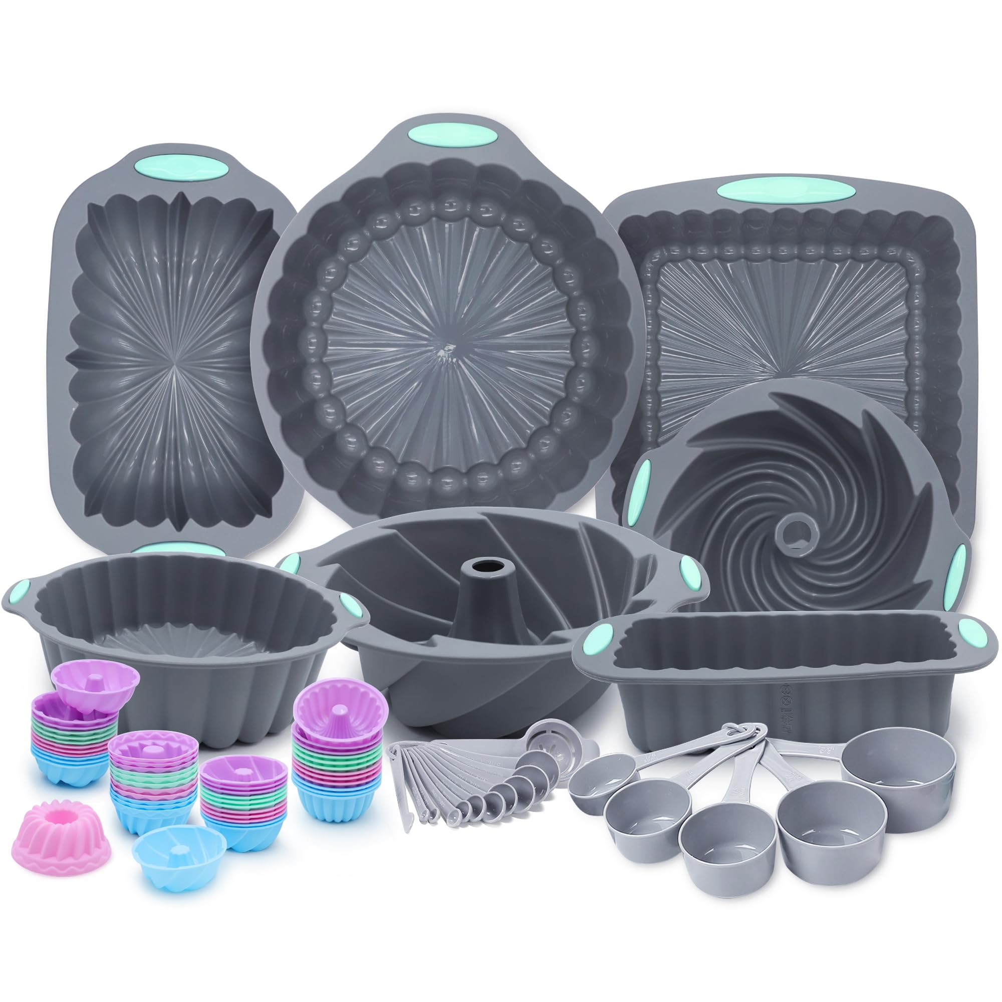 Tongjude 72 Pieces Silicone Bakeware Set, Nonstick Baking Pans Set, Easy Release Oven Silicone Pan for Kitchen with Cake Pans, Loaf Pans, Baking Cups, Measuring Cups and Spoons Set, Grey