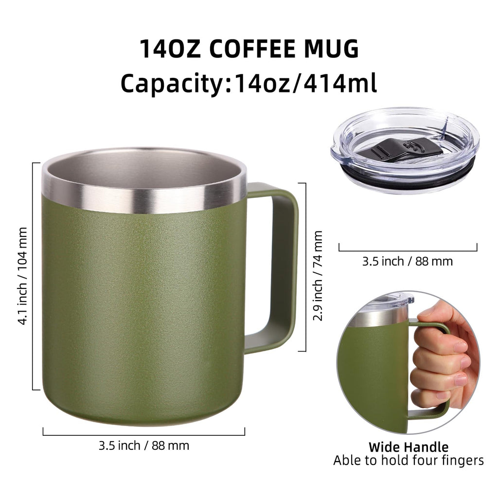 Volhoply 14oz Insulated Stainless Steel Coffee Mug with Lid Bulk 8 Pack,Double Wall Vacuum Travel Coffee Cup with Handle,Reusable Cups Tumbler,Camping Mugs Keep Hot, Ideal Gifts(Army Green,8)