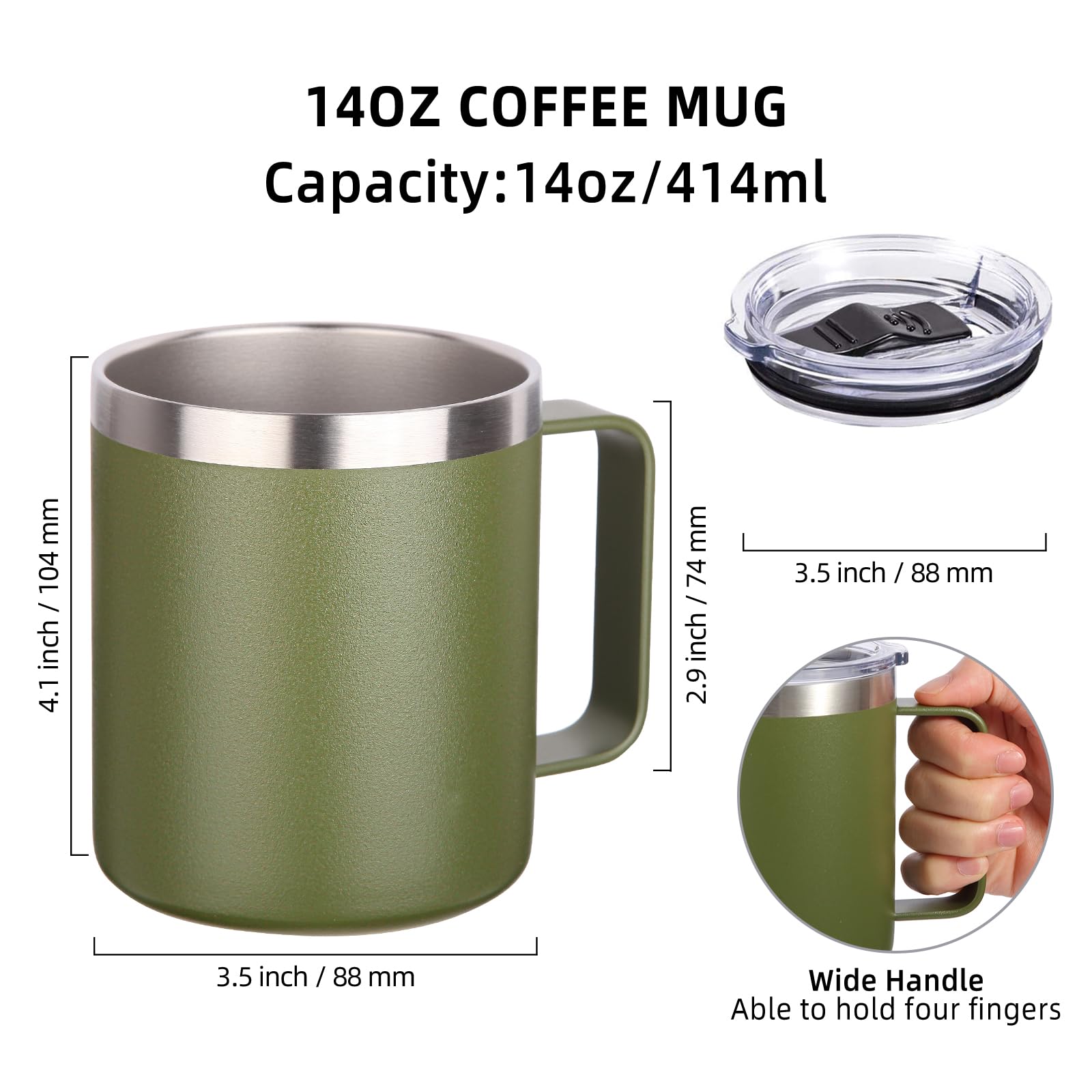 Volhoply 14oz Insulated Stainless Steel Coffee Mug with Lid Bulk 8 Pack,Double Wall Vacuum Travel Coffee Cup with Handle,Reusable Cups Tumbler,Camping Mugs Keep Hot, Ideal Gifts(Army Green,8)