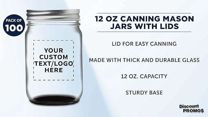 DISCOUNT PROMOS 100 Decorating Mason Jars Set, 12 oz. - Customizable Text, Logo - Canning, Aluminum Lid - Black
