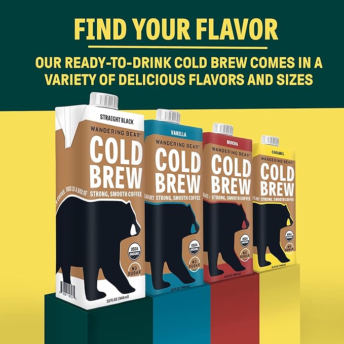 Wandering Bear Straight Black Organic Cold Brew Coffee, 32 fl oz, 3 pack - Extra Strong, Smooth, Organic, Unsweetened, Shelf-Stable, Ready to Drink Iced Coffee