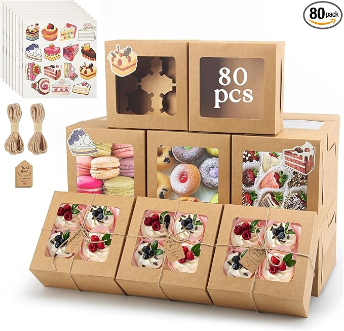 OAMCEG 80 Pack Cookie Boxes with Window, 6x6x3 Inches Brown Bakery Treat Boxes with Stickers & Twine for Pastry, Desserts, Strawberries, Cupcakes, Gift Giving