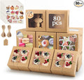 OAMCEG 80 Pack Cookie Boxes with Window, 6x6x3 Inches Brown Bakery Treat Boxes with Stickers & Twine for Pastry, Desserts, Strawberries, Cupcakes, Gift Giving
