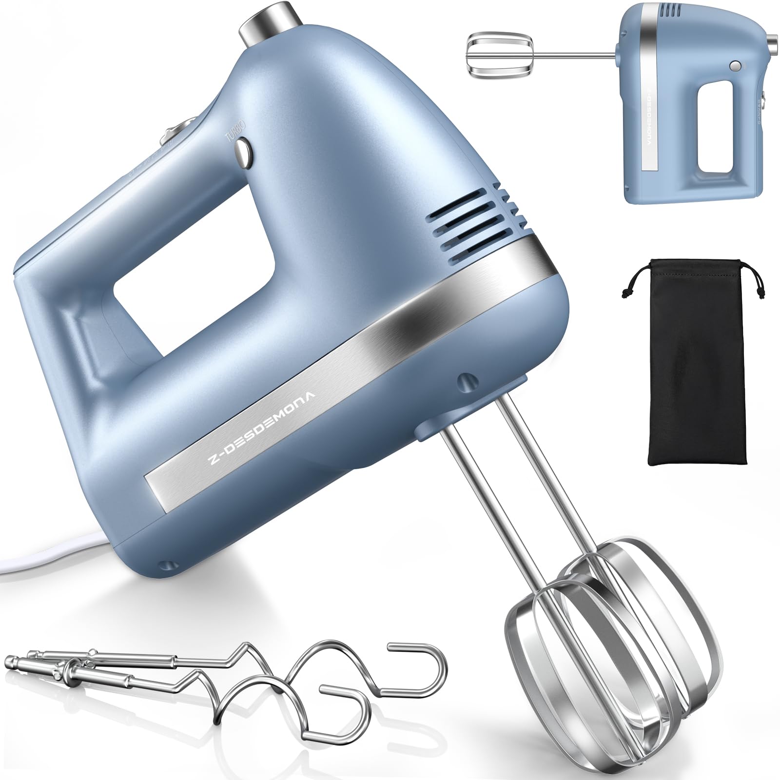 Z-DESDEMONA Electric Hand Mixer, Powerful Hand Mixer Electric Handheld with 304 Beaters, Dough Hook, Whisk, Hand Held Mixer with Turbo for Baking Cakes, Eggs, Cream Food(Blue)