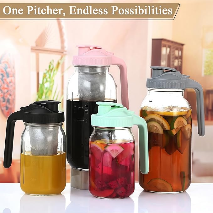 32oz Glass Pitcher with Handle and Lid, 1 Quart Mason Jar Pitcher - Airtight & Leakproof Water Jug with Pour Spout Lid, Glass Containers for Fridge, Perfect for Juice, Cold Brew, Iced & Sun Tea