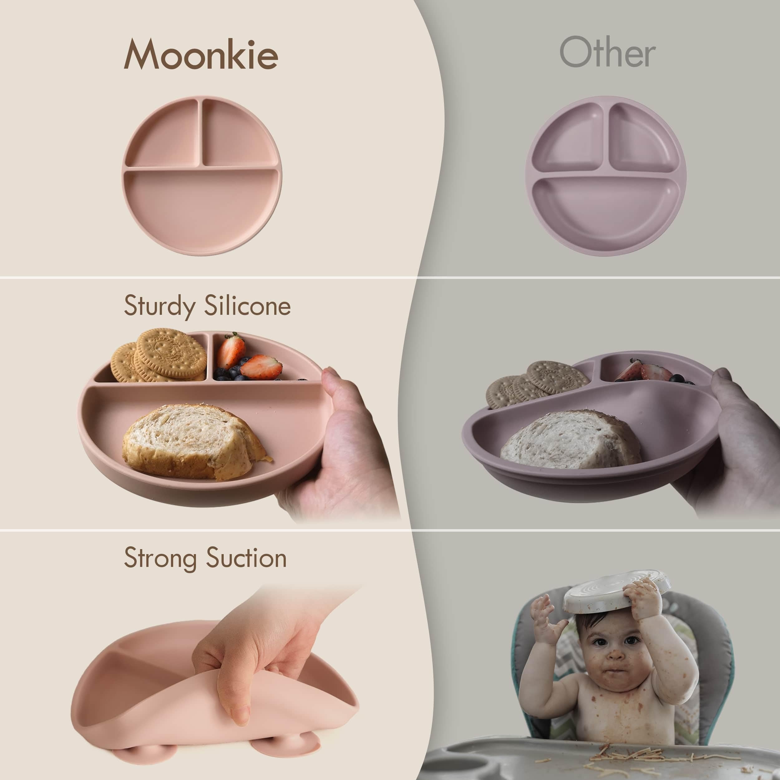 Moonkie Suction Plates for Baby | 100% Silicone BPA-Free Baby Plates with Lids and Food Cover | Divided Design | Microwave and Dishwasher Safe | Toddler Plates 2 Pack