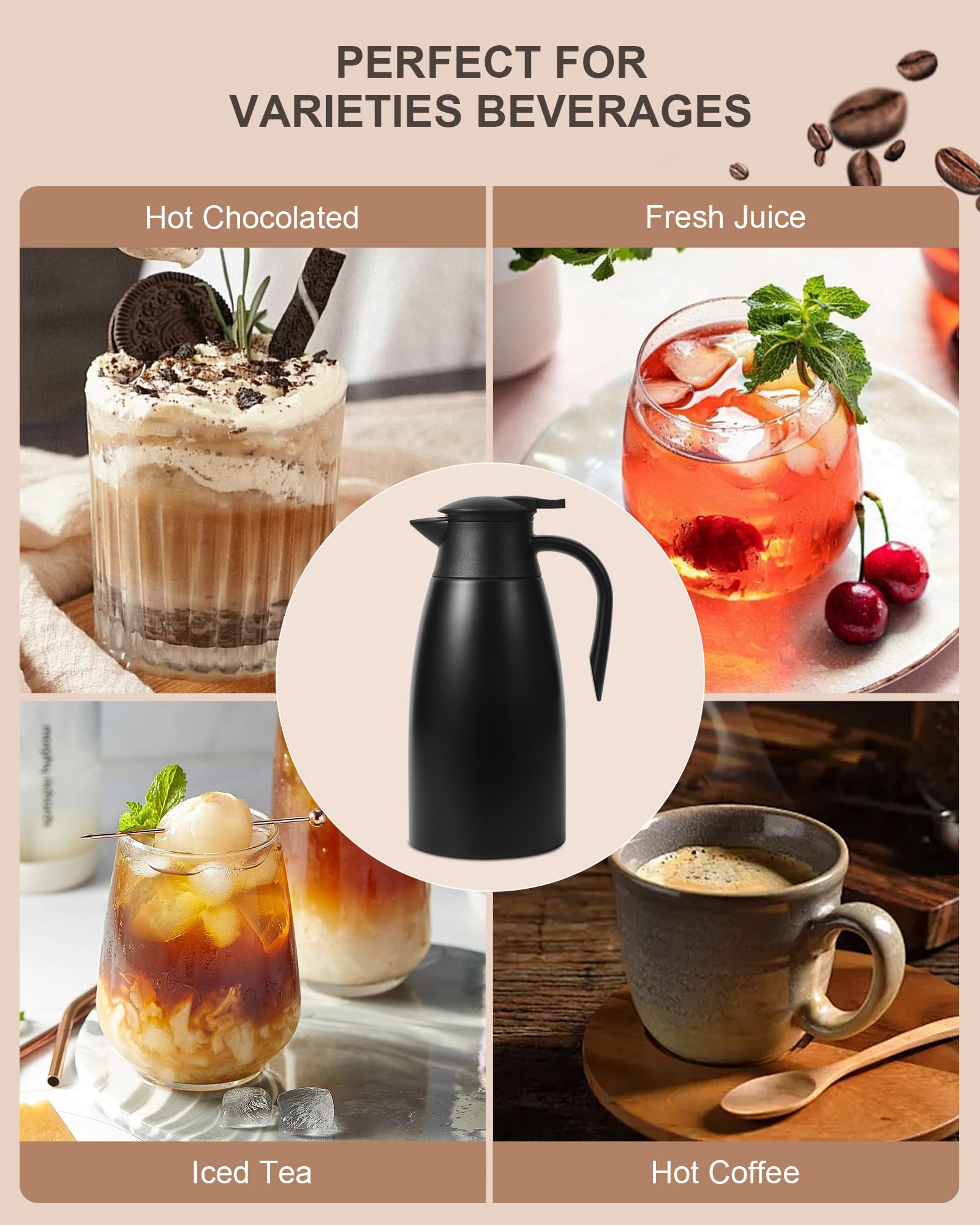 70oz Thermal Coffee Carafe for keeping hot,Updated Carafes for hot liquid, Stainless Steel Insulated Thermal Pot for Coffee, Hot Water,Keep Hot 12 Hours (Black 2.1 L)