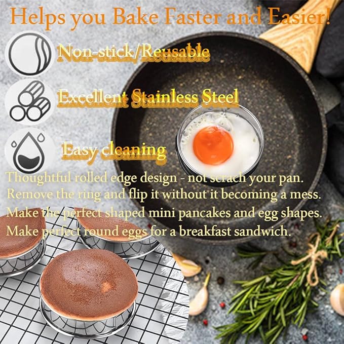 16packs English Muffin Rings Crumpet Rings 4 Inch Stainless Steel Double Rolled Tart Ring Nonstick Metal Round 4'' Ring Molds for Baking Cookies, Pancakesg
