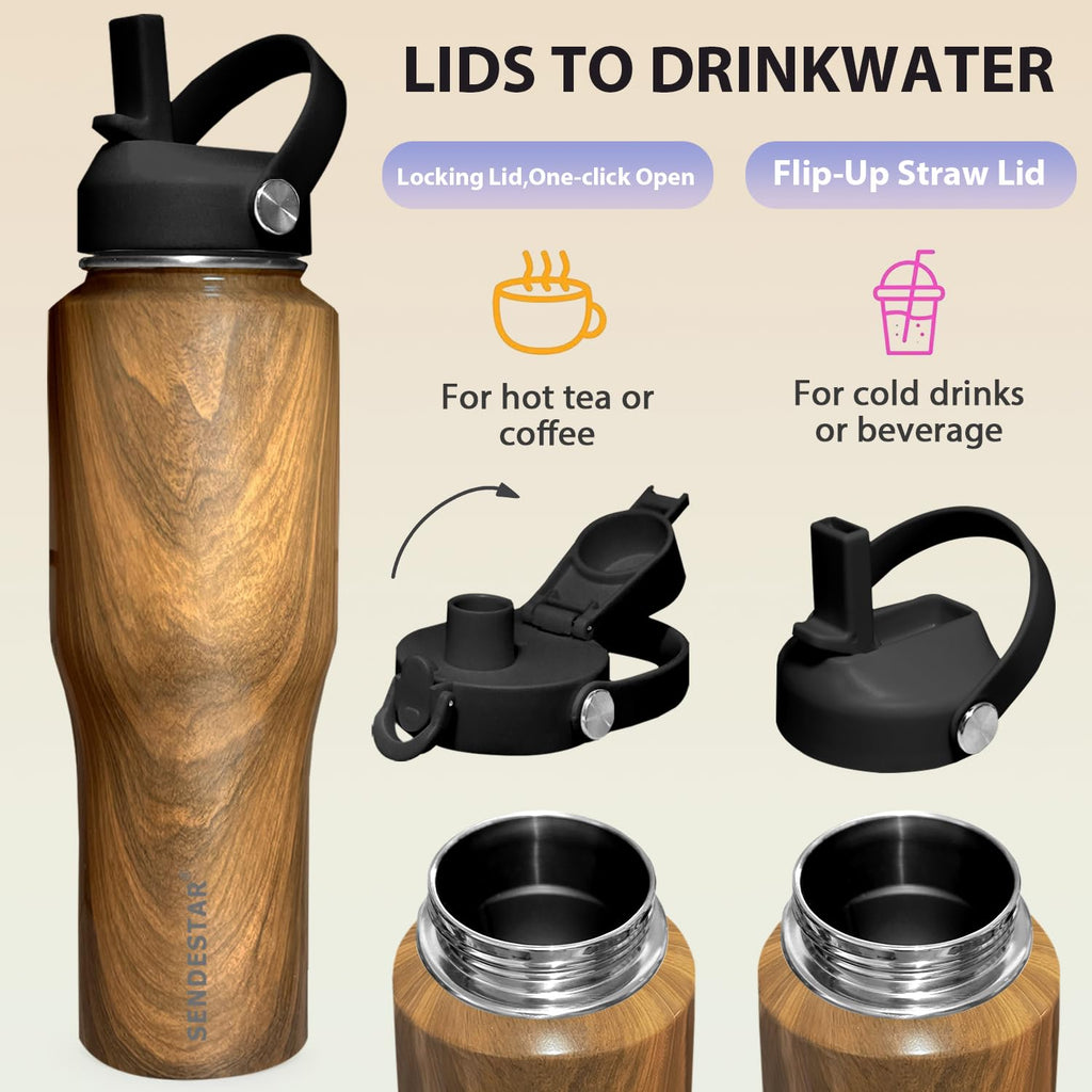 SENDESTAR 40oz Stainless Steel Water Bottle(Cold for 48 Hrs, Hot for 24 Hrs),Double Wall Vacuum Insulated Bottle with Straw Lid, Spout Lid and Flex Cap, Fit in Any Car Cup Holder