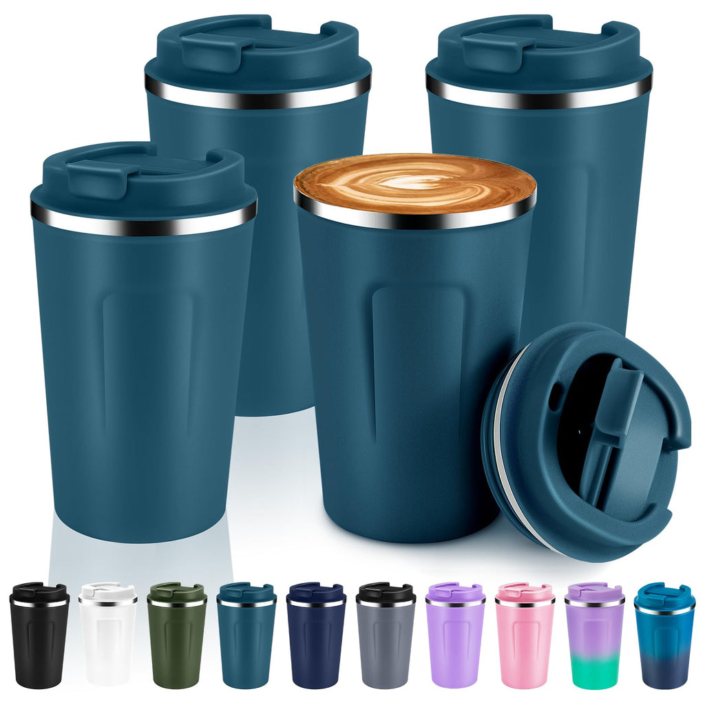 Volhoply 12 oz Double Wall Insulated Vacuum Travel Coffee Mug with Flip Lid Bulk 4 Pack,Reusable Stainless Steel Leak Proof Coffee Cups,Portable Cafe Thermal Tumbler for Hot & Cold Drinks(Bule,4 Set)
