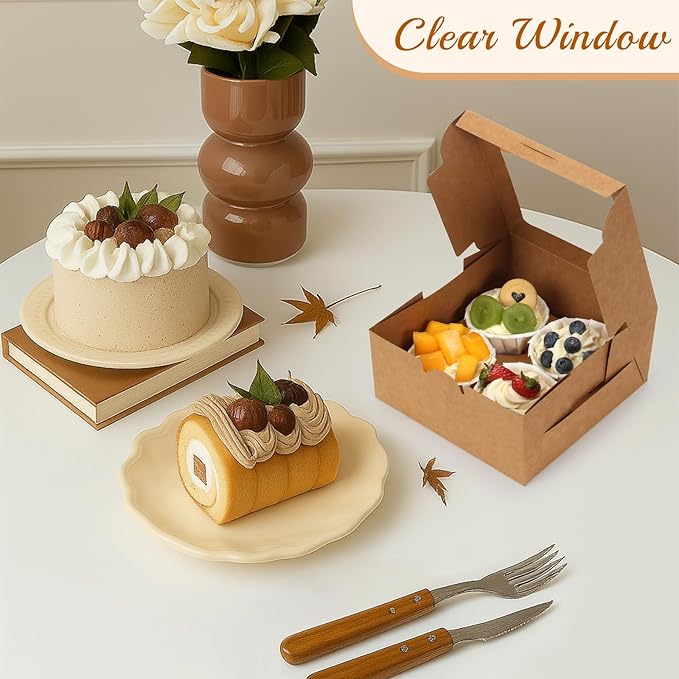 OAMCEG 50 Pack Cookie Boxes with Window, 6x6x3 Inches Brown Bakery Treat Boxes with Stickers & Twine for Pastry, Desserts, Strawberries, Cupcakes, Gift Giving