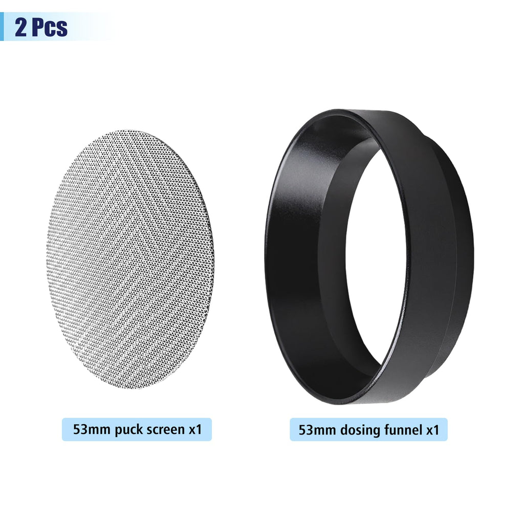 Rovella 53mm Espresso Dosing Funnel and Puck Screen Set, Espresso Coffee Dosing Ring & 1.7mm 316 Stainless Steel Espresso Portafilter for Coffee Portafilter Filter Basket