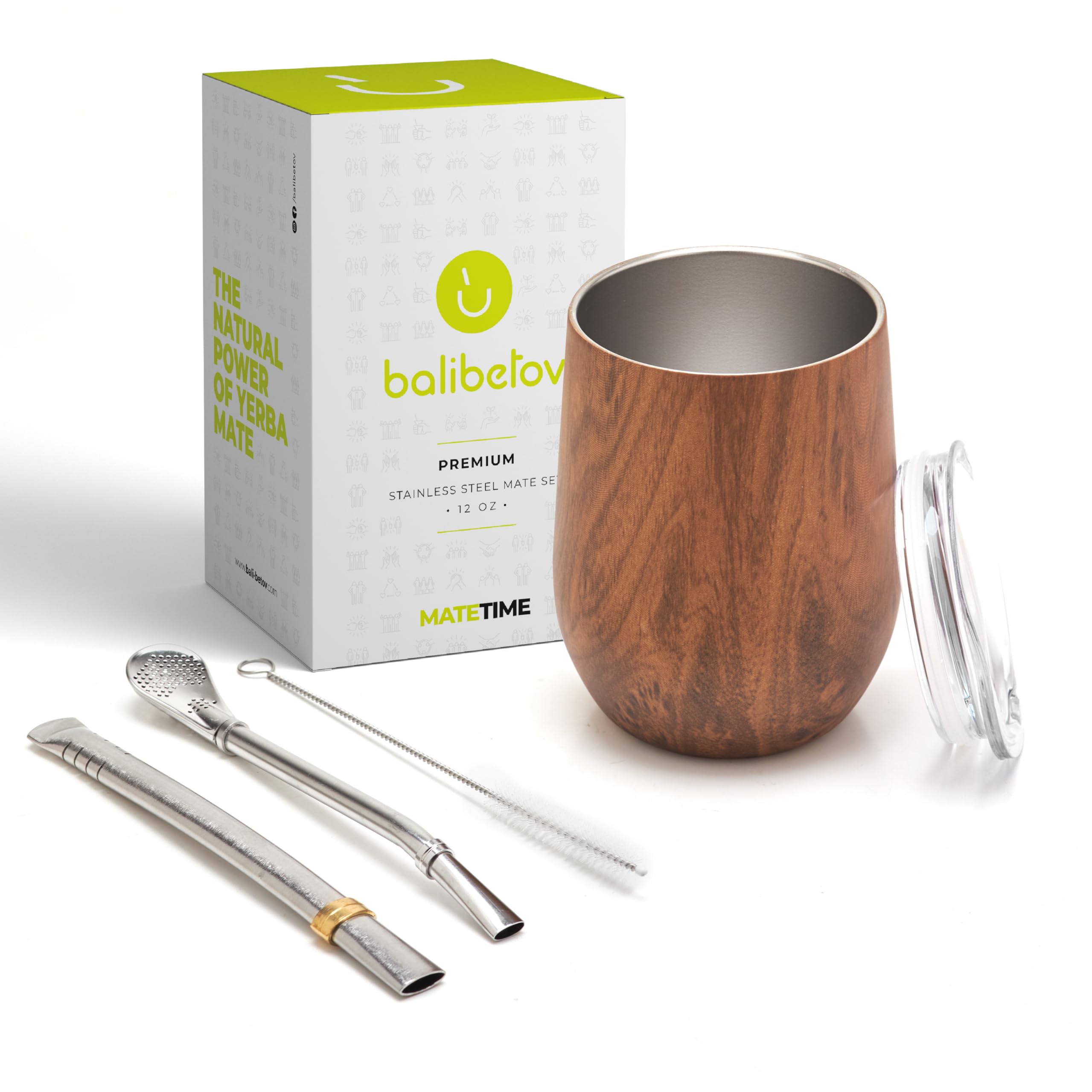 BALIBETOV Premium Stainless Steel Yerba Mate Gourd Set, 5 Pcs Including 12 oz Gourd with Lid, 2 Bombillas, Cleaning Brush | BPA Free, Insulated