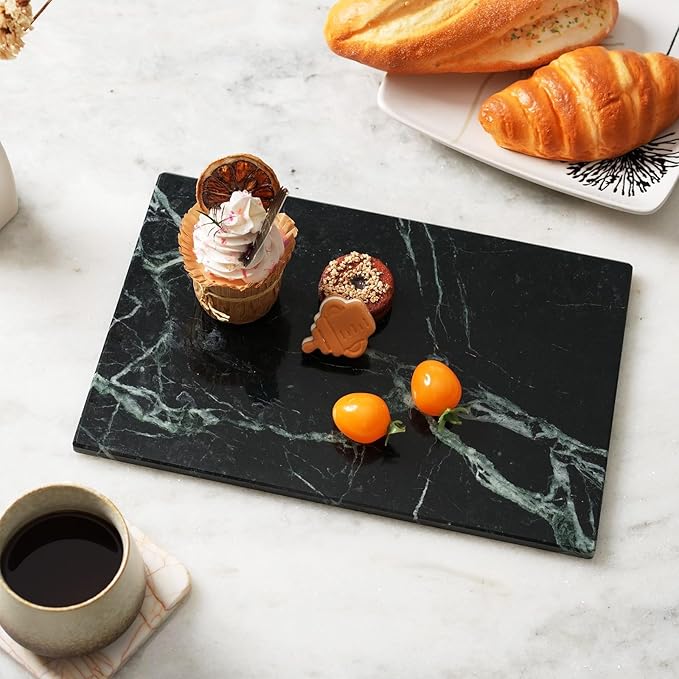 Koville Natural Green Marble Cutting Board for Kitchen Pastry Bread Macaron Display, 12" x 8" Real Stone Slab Marble Cheese Board for Home Countertop, Bathroom Perfume Tray Candle Plate