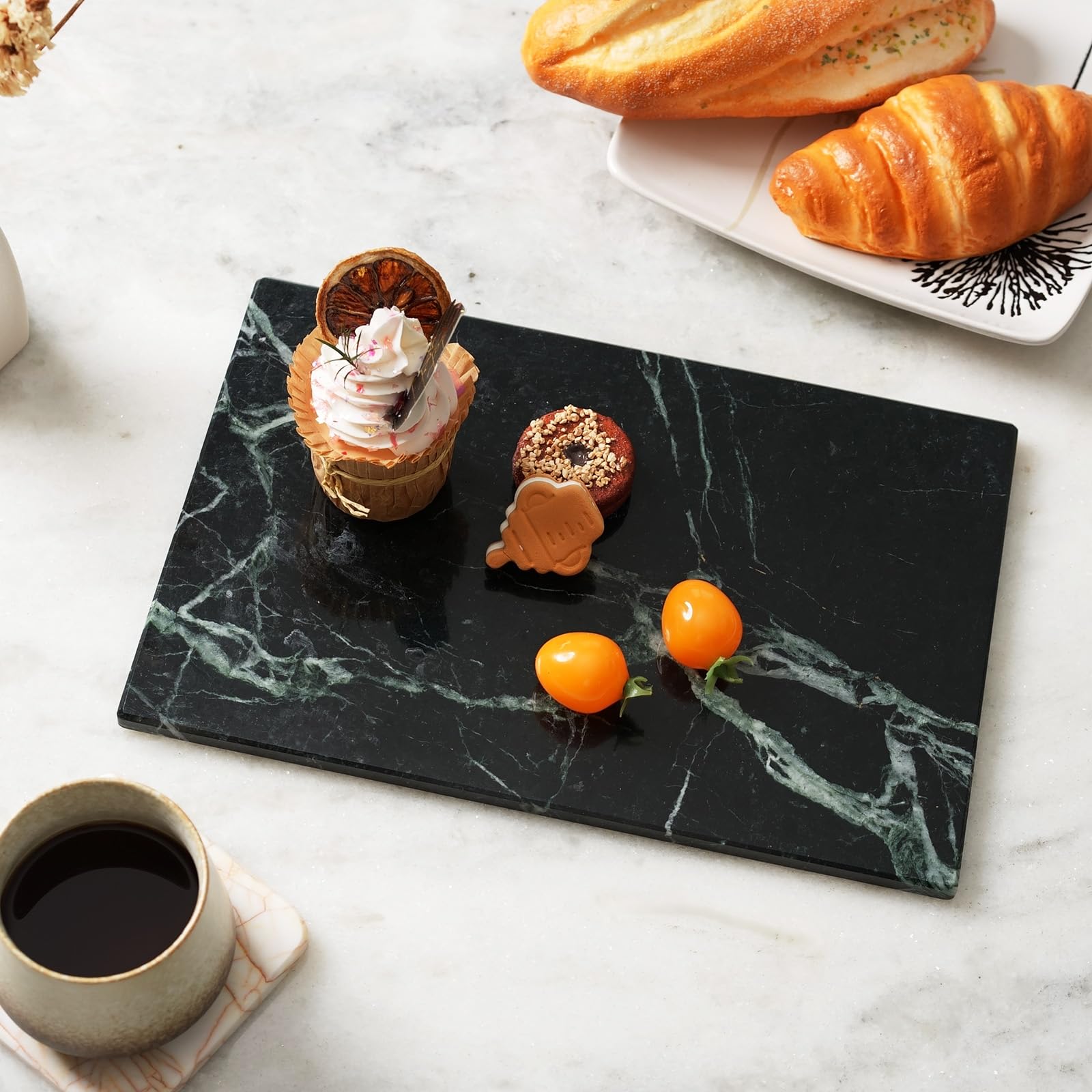 Koville Natural Green Marble Cutting Board for Kitchen Pastry Bread Macaron Display, 12" x 8" Real Stone Slab Marble Cheese Board for Home Countertop, Bathroom Perfume Tray Candle Plate