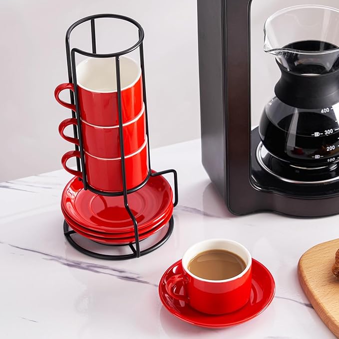 4oz Porcelain Stackable Espresso Cups with Saucers and Metal Stand Set of 4, Stackable Cappuccino Cups, Red Expresso Shots Cup Set for Coffee Drinks, Latte, Americano, Tea