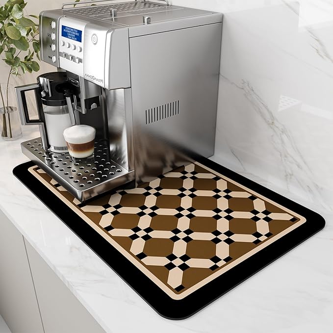 AMOAMI Coffee Mat - Hide Stain Rubber Backed Absorbent Dish Drying Mat for Kitchen Counter - Fits Under Coffee Maker - Khaki 12X19