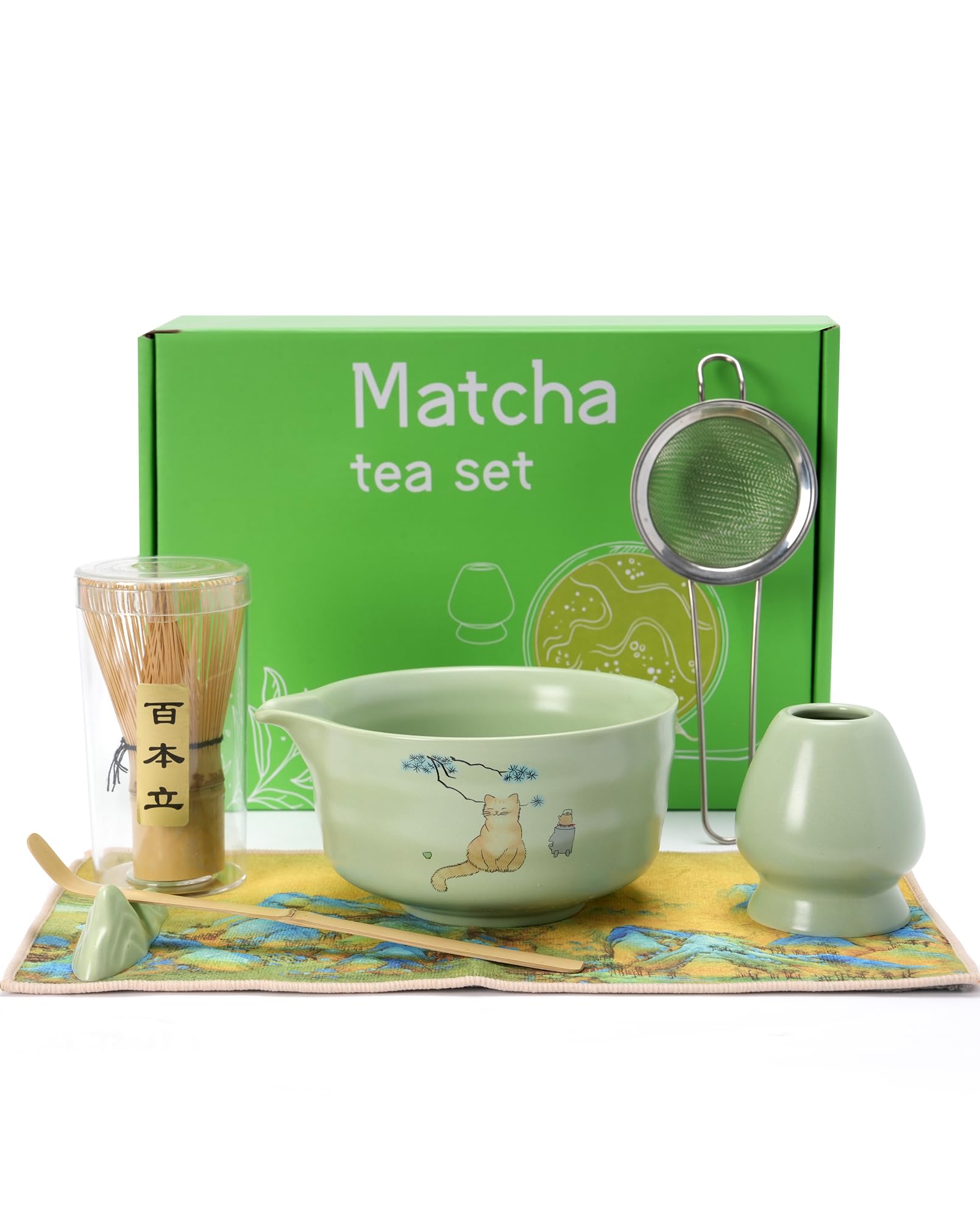 Matcha Whisk Set, Ceramic Matcha Set Includes Matcha Bowl, Matcha Whisk and Holder, Bamboo Scoop, Scoop Rest, Sifter and Tea Towel - 7 Pcs Matcha Kit(Green)