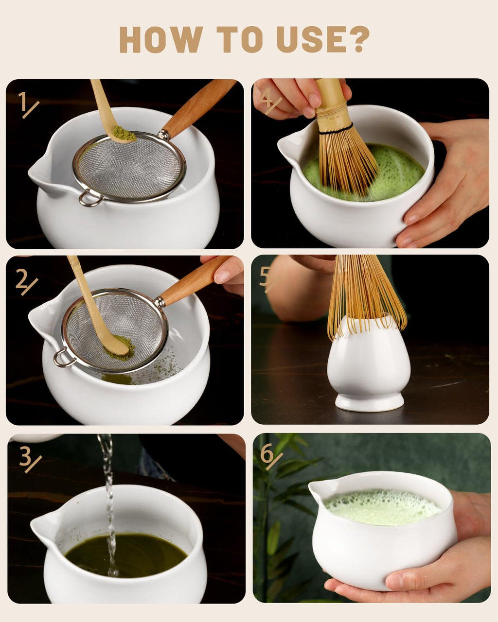 Nucookery Matcha Set with 18oz Ceramic Bowl Bamboo Whisk Kit 5pcs, White