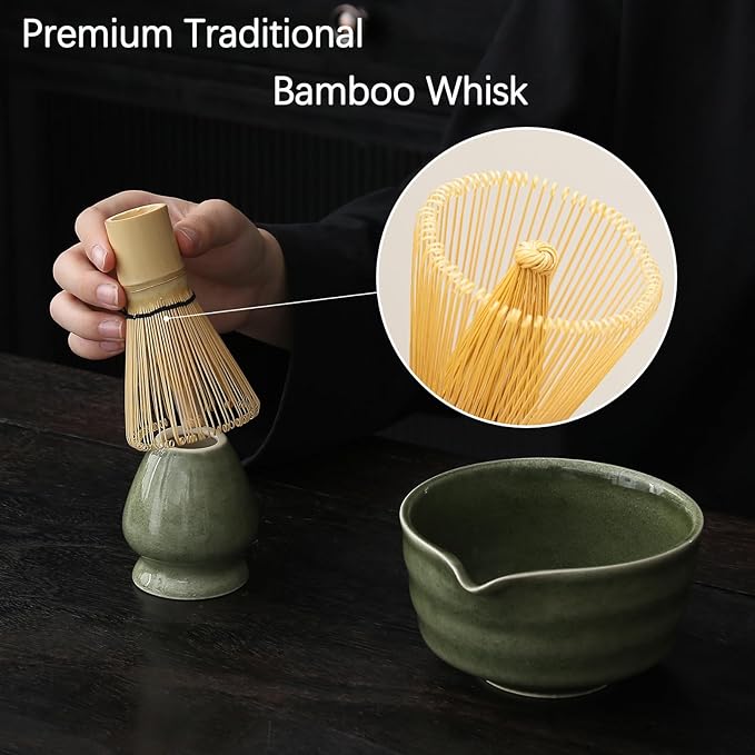 Matcha Whisk Set, Matcha Bowl with Spout, Matcha Whisk and Holder, Bamboo Matcha Scoop and Stainless Sifter - 5 Pcs Jade Green Matcha Kit for Matcha Lover