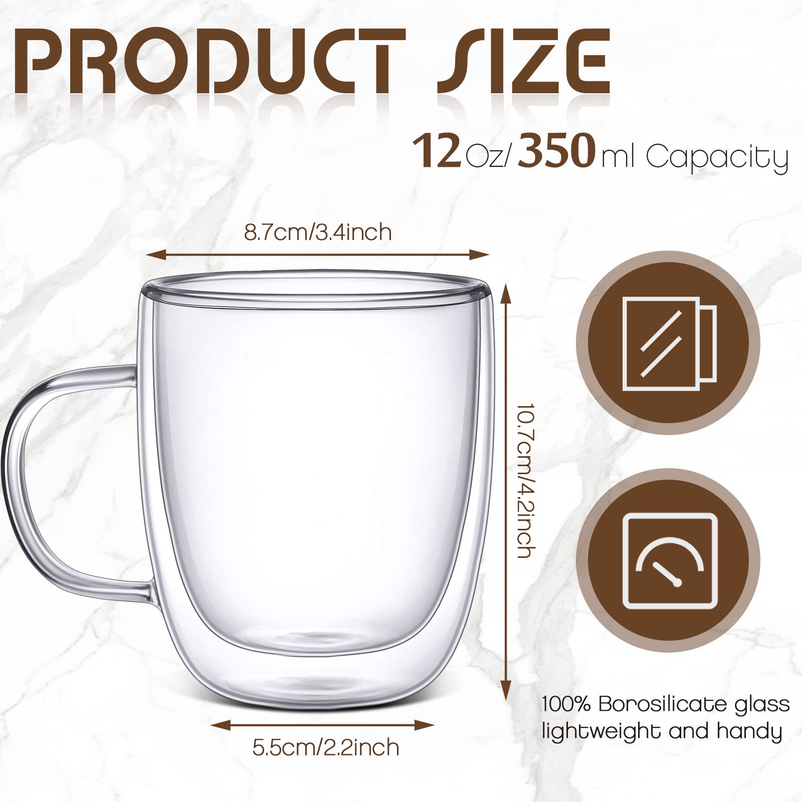Gerrii Espresso Cups Double Walled Espresso Shot Glass with Handle Cups Insulated Clear Small Shot Glasses for Cappuccino Latte Hot Beverage (12 oz,Flat Bottom,8 Pcs)