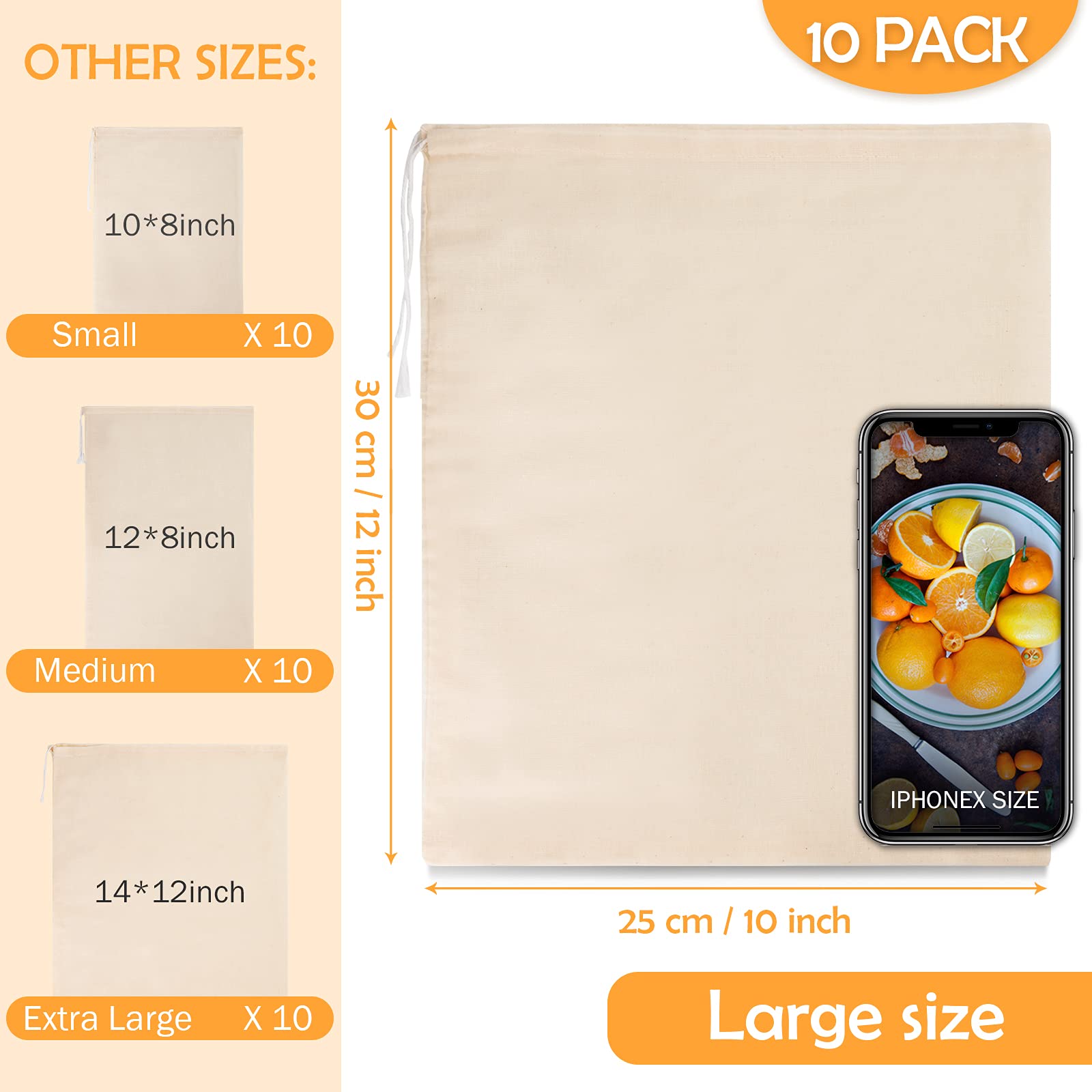 Chielor 10 Pack Nut Milk Bag, 10‘’ x 12‘’ Fine Mesh Grade Reusable Cheesecloth Bags Strainers, Unbleached Organic Cotton Filter Bags for Almond Milk, Juices, ColdBrew, Cheese, Tea, Yogurt, Coffee