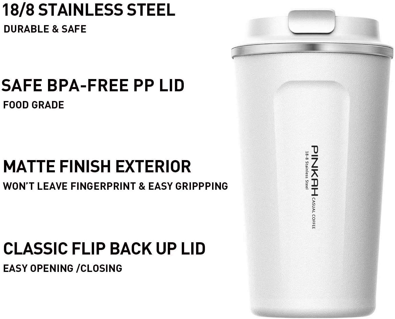 PINKAH 17OZ Vacuum Casual Travel Coffee Mug for Hot/Cold Coffee, Double Walled Stainless Steel Insulated Coffee Tumbler, Thermal Coffee Cup for Home Office