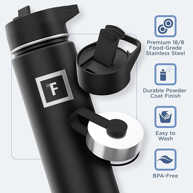 IRON °FLASK Camping & Hiking Hydration Flask with 3 Lids - Stainless Steel, Double Walled & Vacuum Insulated Water Bottle - Leak Proof & BPA Free (Elemental Gray, Straw - 22 oz)